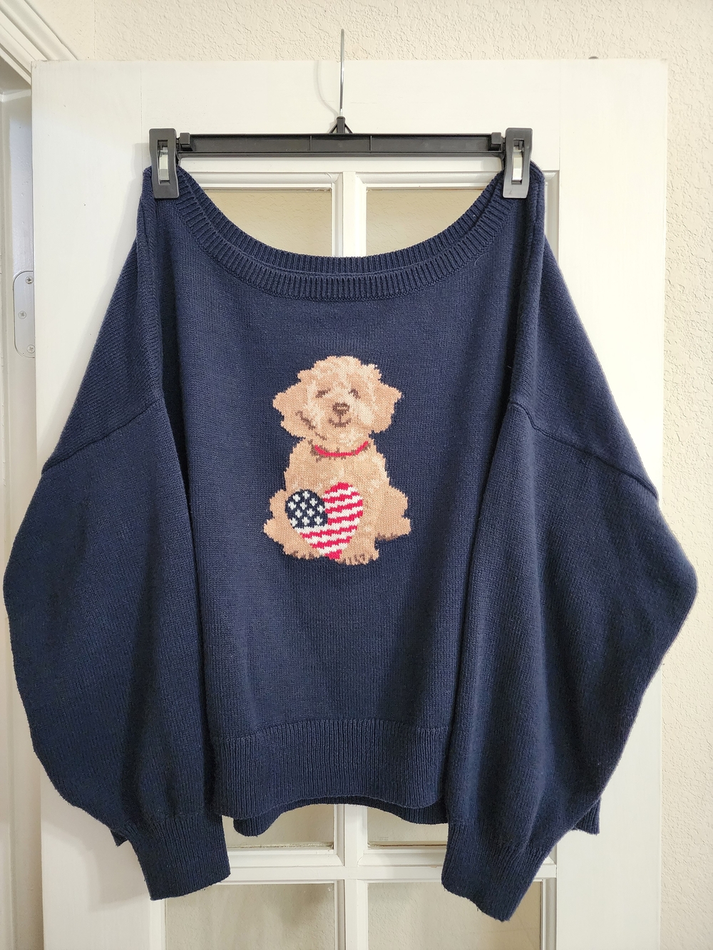 Hollister XXL Navy Puppy American Flag Heart Off Shoulder Knit Sweater